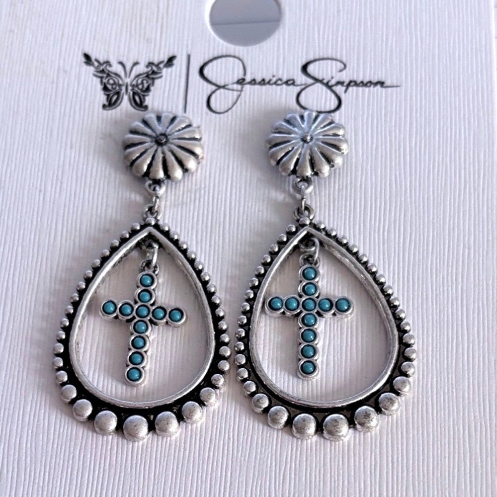 Jessica Simpson Silver Tone Turquoise Cross Teardrop Western Drop Post Earrings